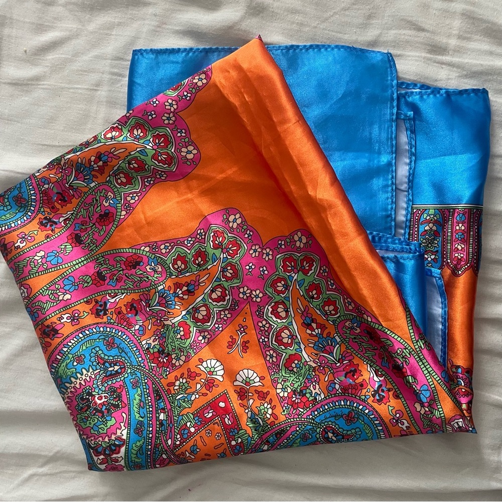 Vibrant Paisley Satin Scarf in Orange, Pink & Blue